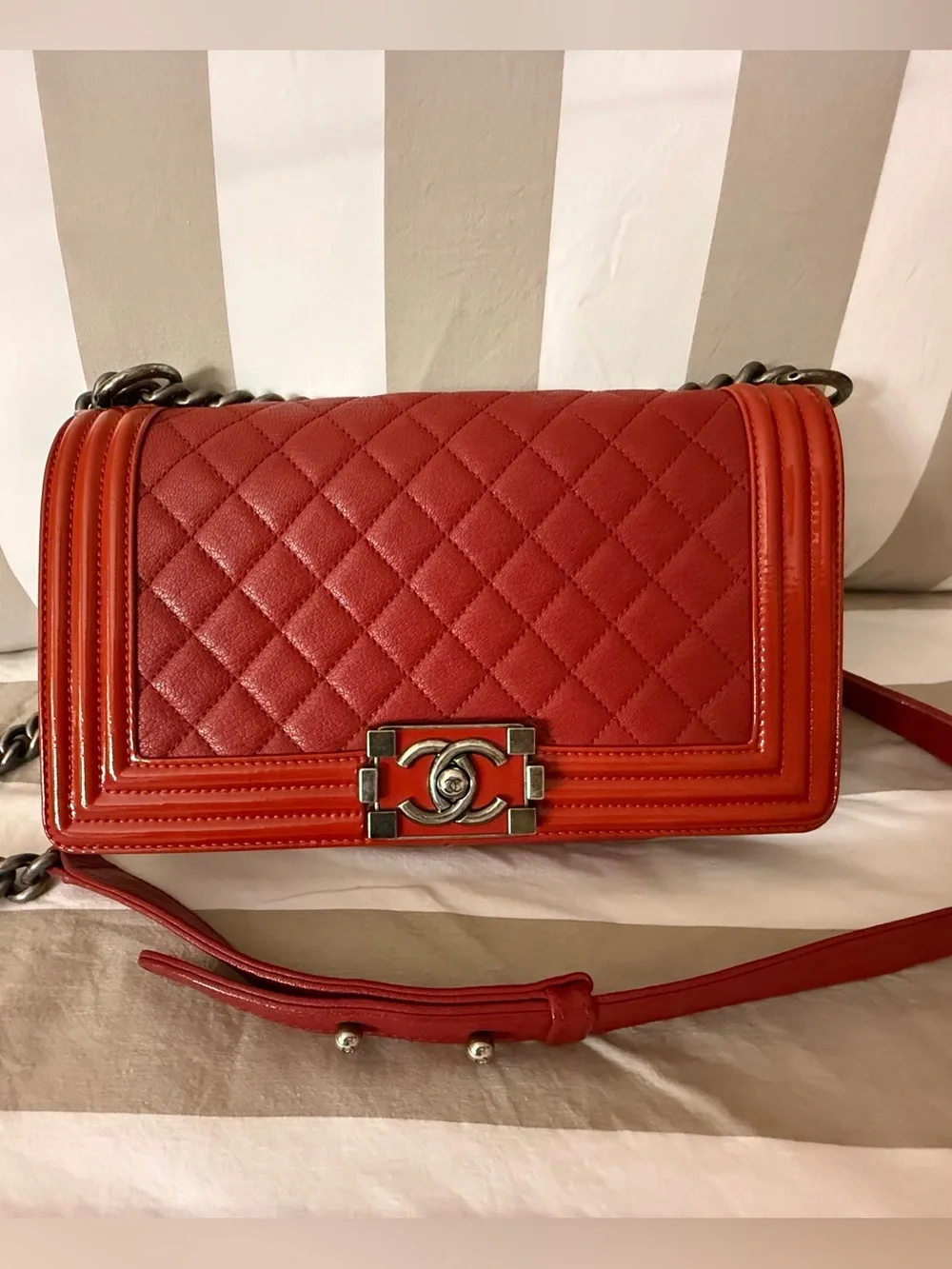 CHANEL Red Quilted Boy Bag with gray-Tone Hardware